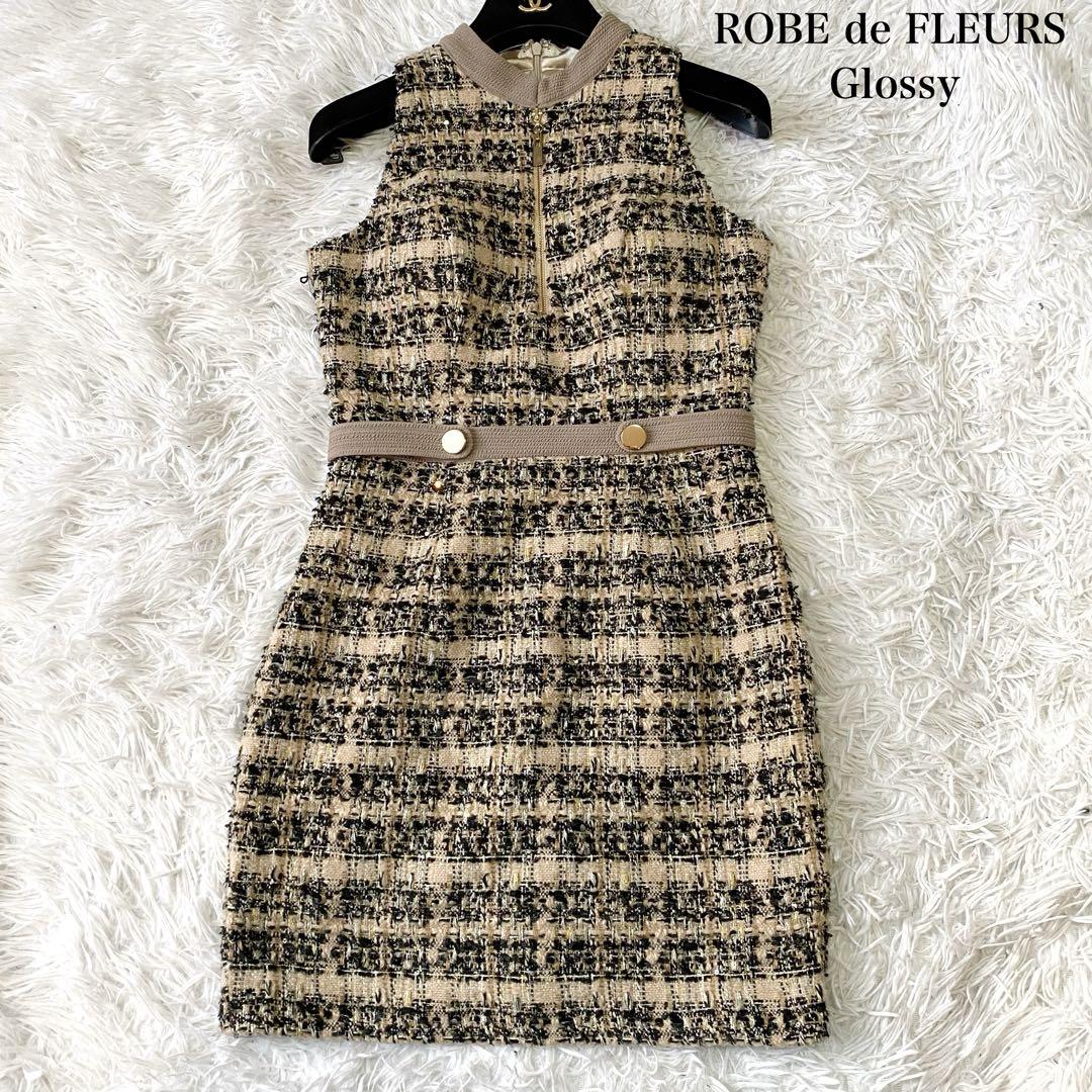 ローブドフルール グロッシー★フロントジッパー チェック柄ツイードミニドレス M