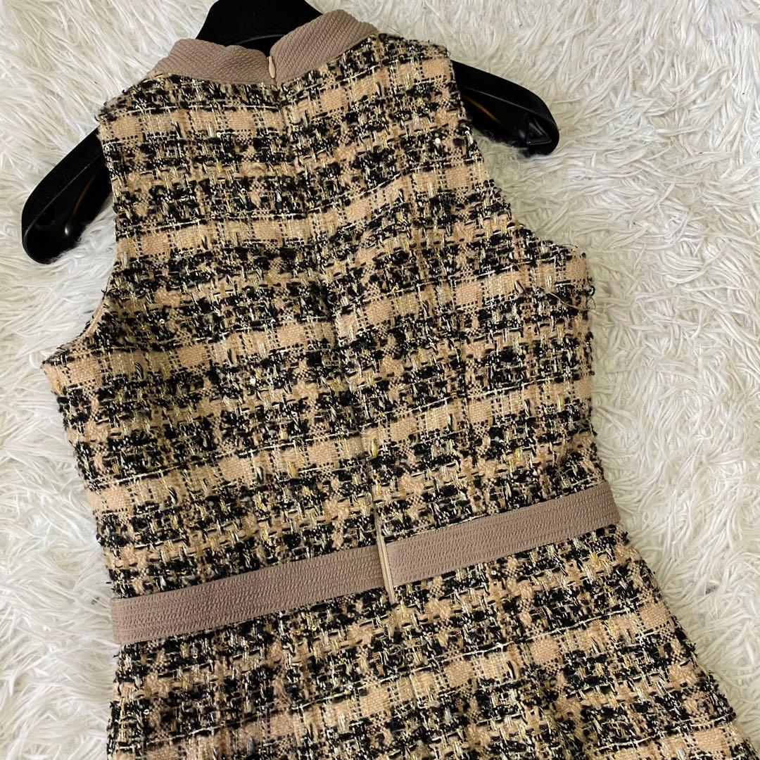 ローブドフルール グロッシー★フロントジッパー チェック柄ツイードミニドレス M