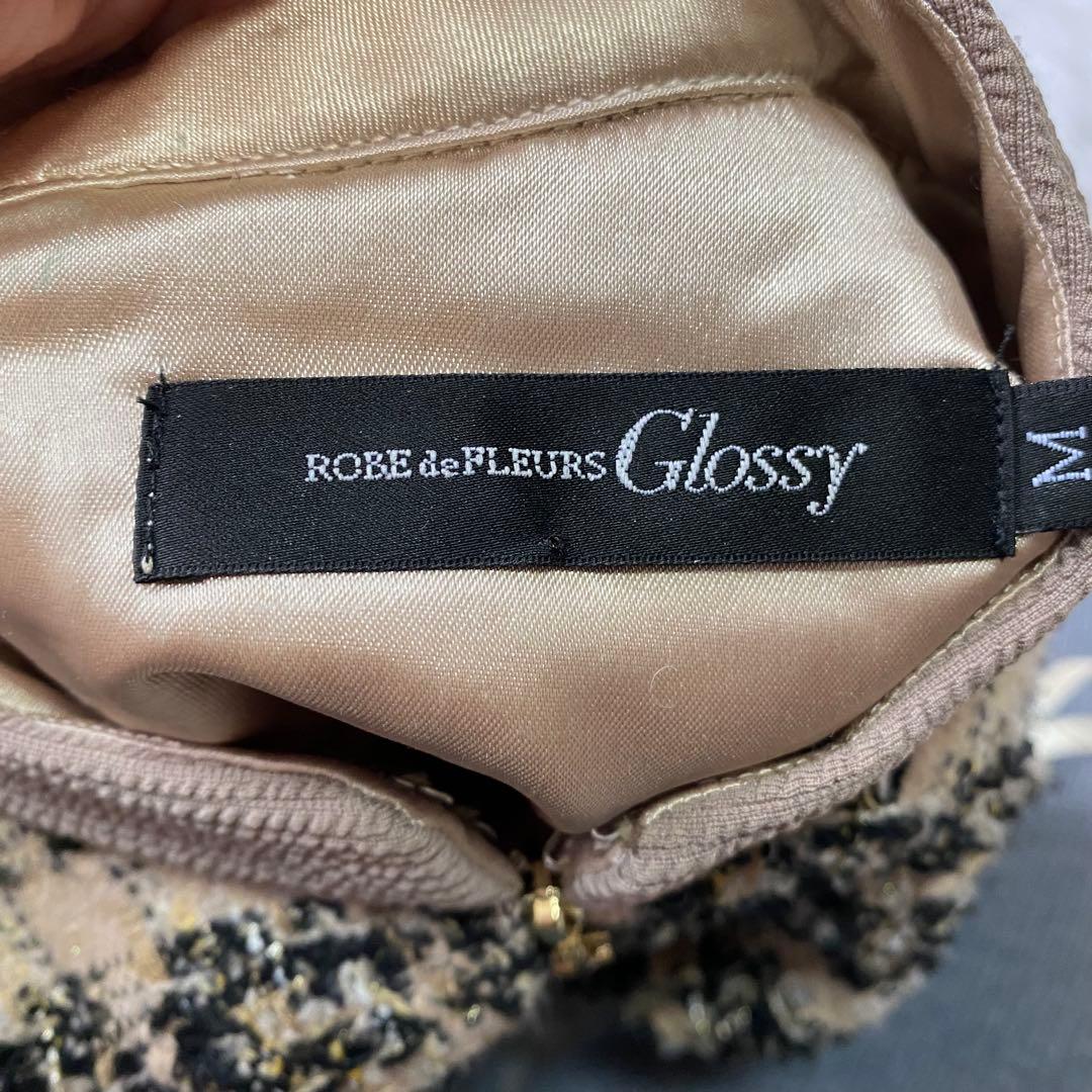 ローブドフルール グロッシー★フロントジッパー チェック柄ツイードミニドレス M