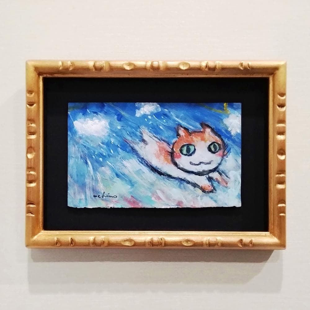 内野隆文　雨とネコダッシュ　絵画　現代アート　猫　ドローイング　額縁　真作