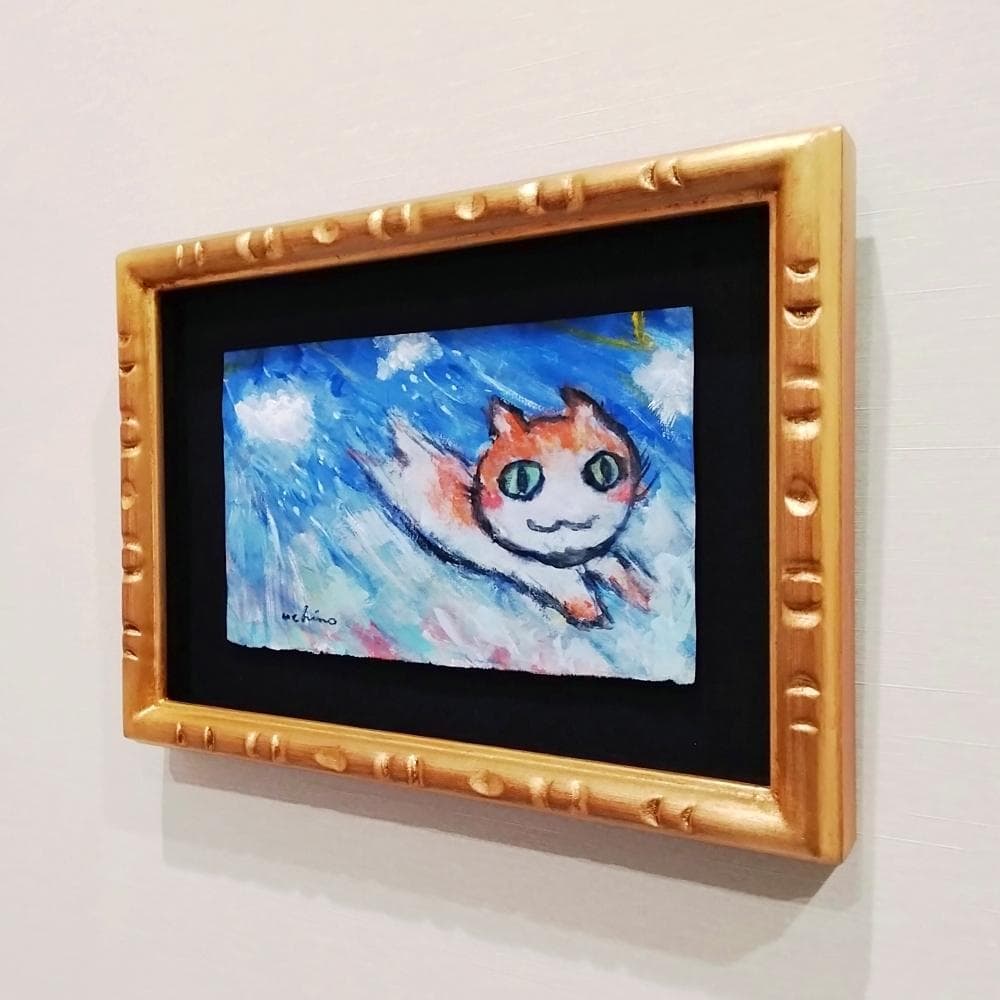 内野隆文　雨とネコダッシュ　絵画　現代アート　猫　ドローイング　額縁　真作