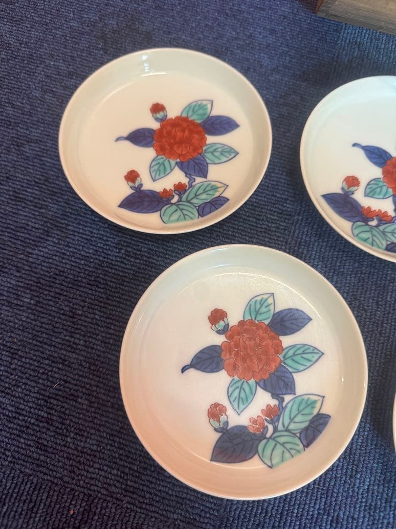 1886  今泉今右衛門作　錦椿画小皿　5客　未使用