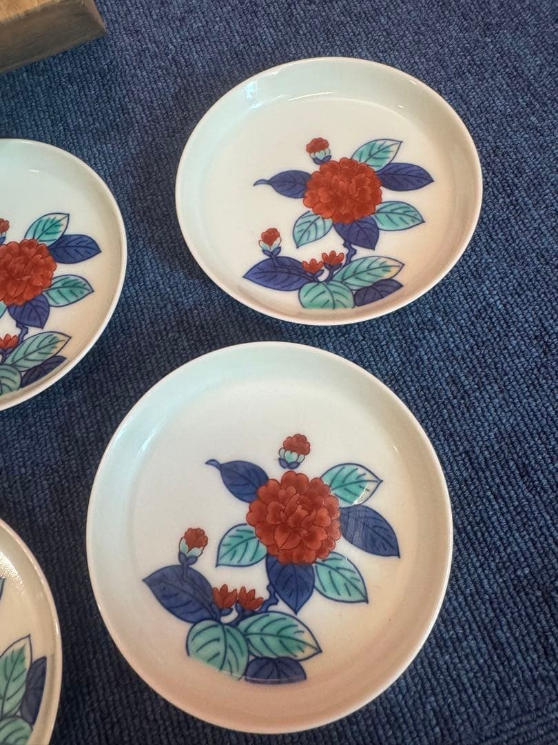 1886  今泉今右衛門作　錦椿画小皿　5客　未使用