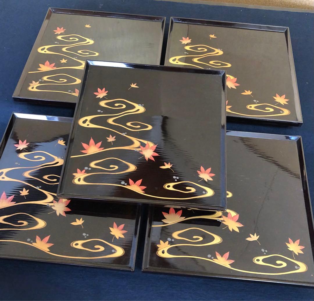 ‼️割引 黒塗 流水紅葉蒔絵 脚付膳 四方膳10客 木製漆器 木箱250725F1