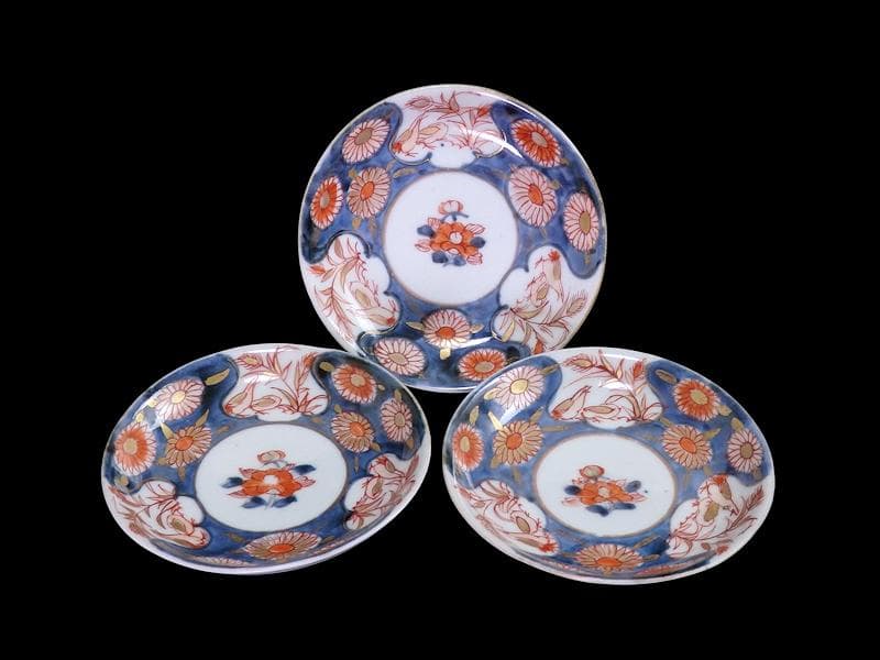 古伊万里　染錦　鶉に菊の図　４寸皿　３枚　D187A-fbve