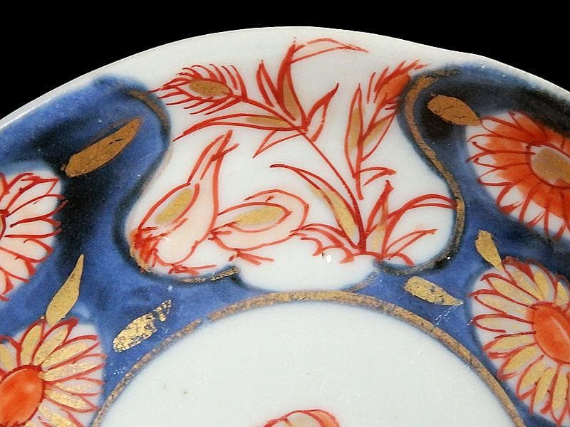 古伊万里　染錦　鶉に菊の図　４寸皿　３枚　D187A-fbve