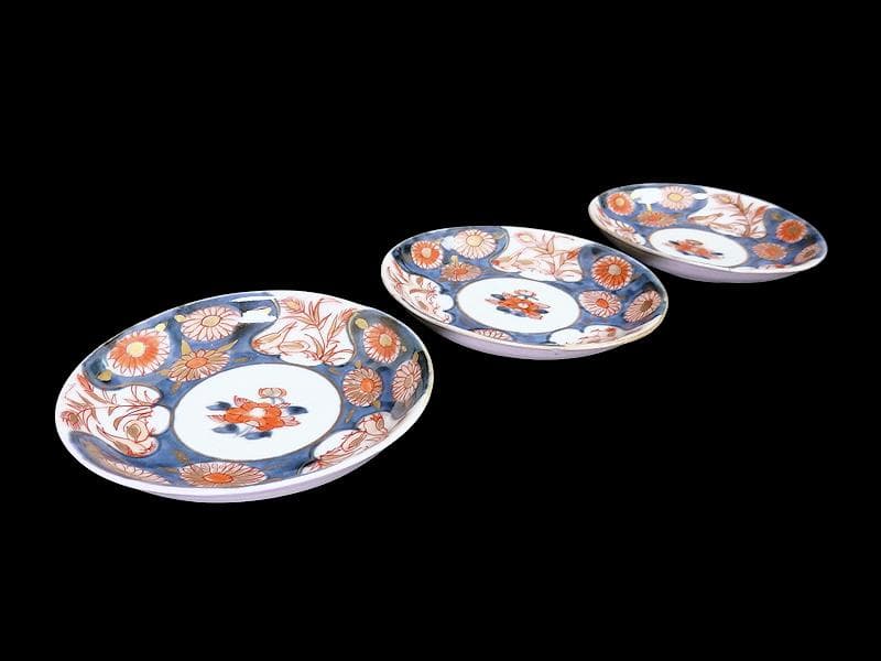 古伊万里　染錦　鶉に菊の図　４寸皿　３枚　D187A-fbve