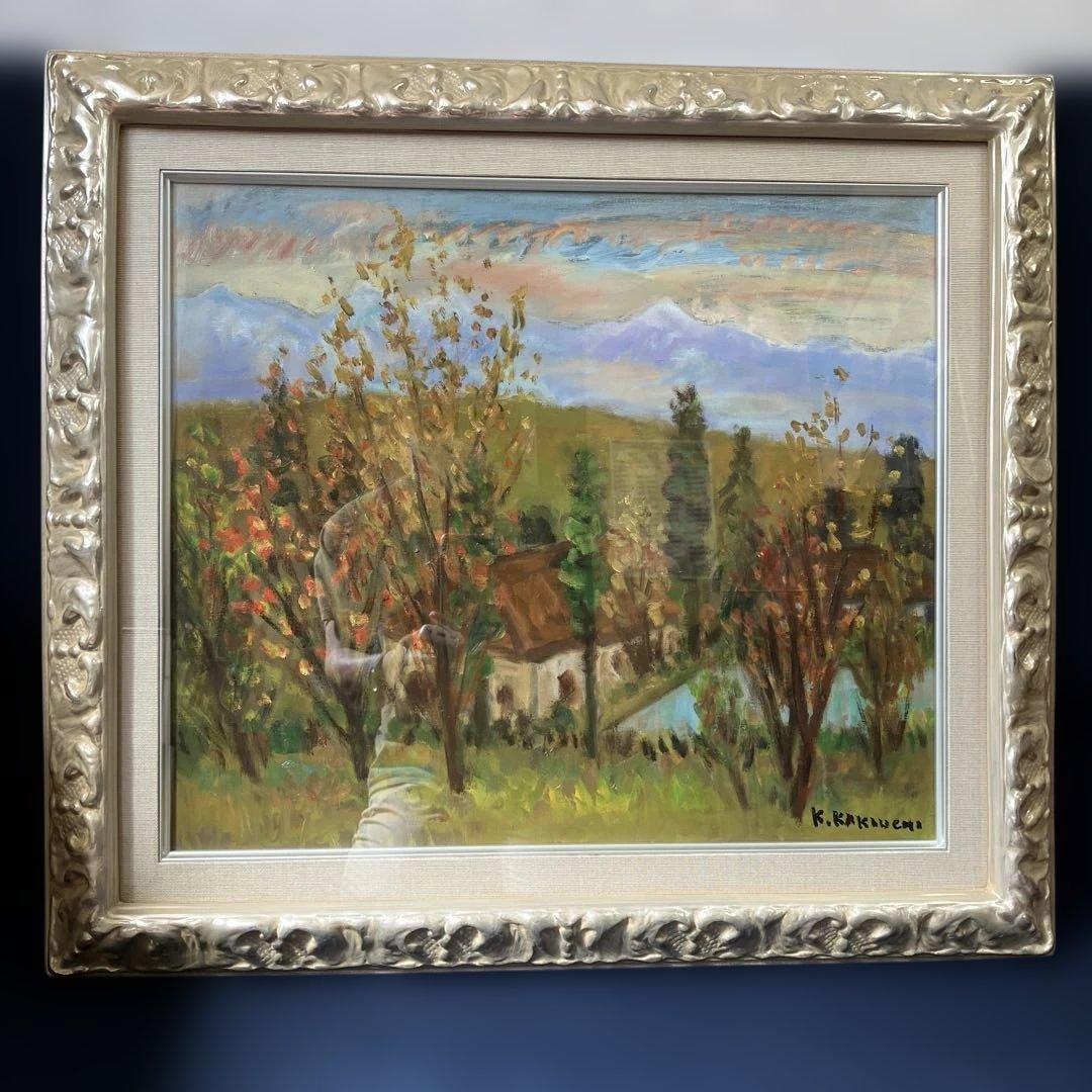 油彩　垣内カツアキ　「アルプスを望む秋の山村　F10」