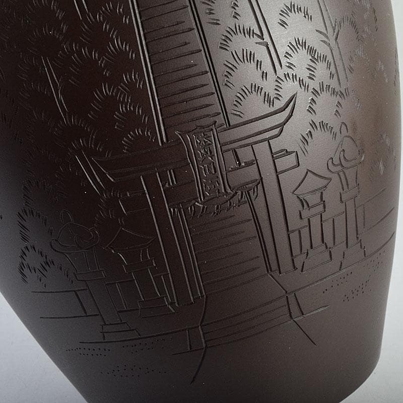 般若勘渓造　鋳銅　昌龍刻　志波彦神社・鹽竈神社絵　花瓶　共箱　N　R9397H