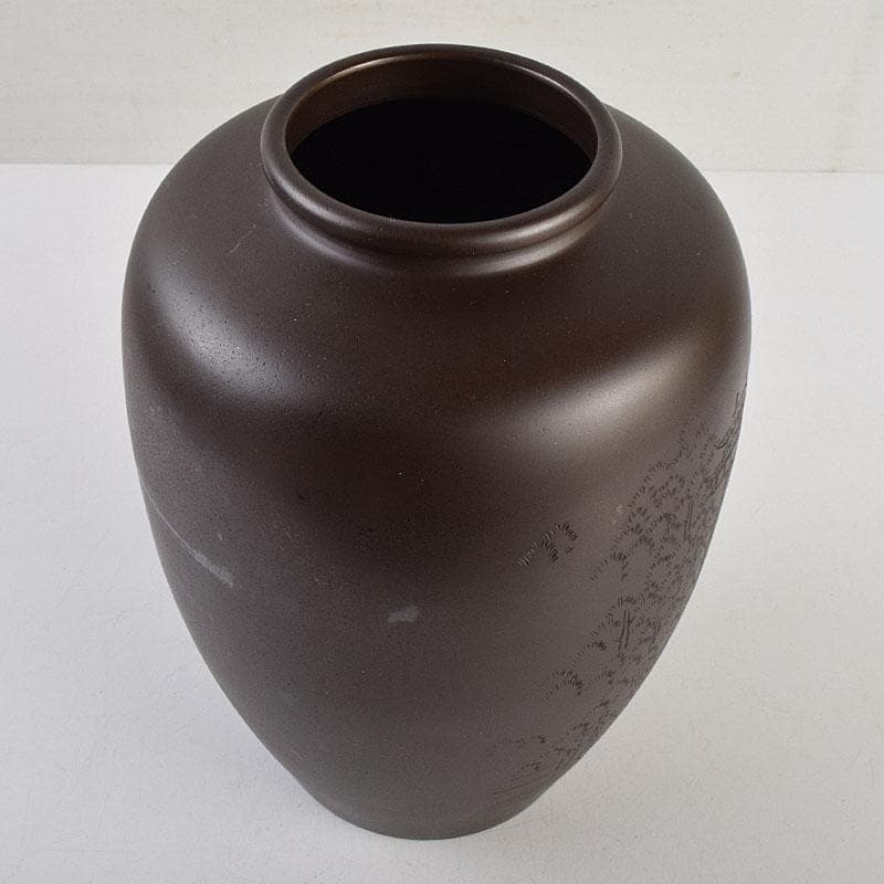 般若勘渓造　鋳銅　昌龍刻　志波彦神社・鹽竈神社絵　花瓶　共箱　N　R9397H