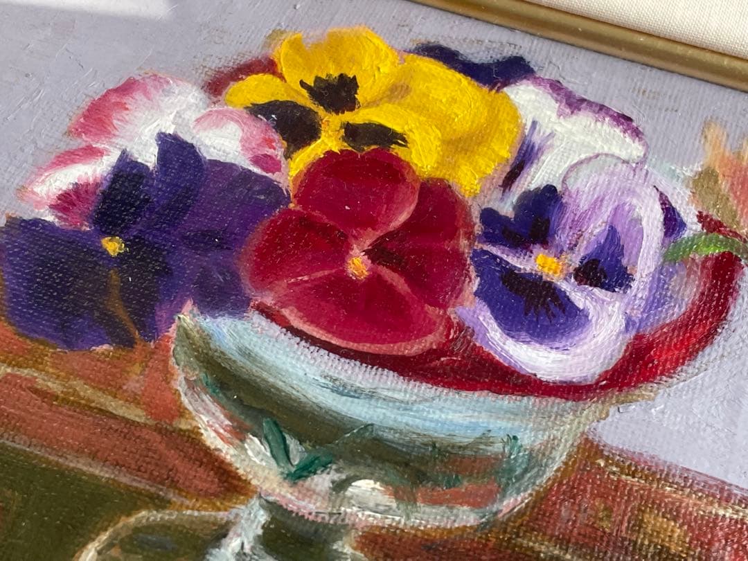 村田省蔵　パンジー　油彩画　油絵　額入　2013年　共シール　サムホール