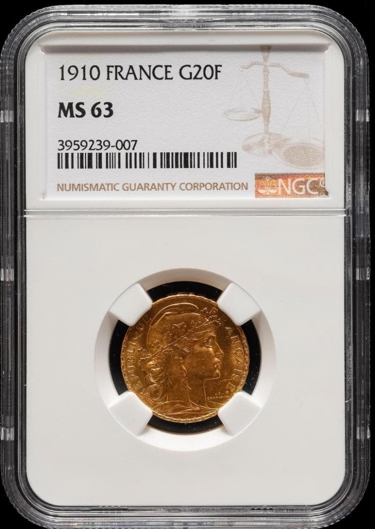 NGC-MS63　フランス マリアンヌ　金貨　第三共和政 20フラン 1910