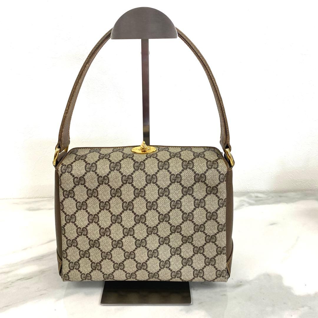 #オールド グッチ GGスプリーム PVC レザー ハンドバッグベージュブラウン