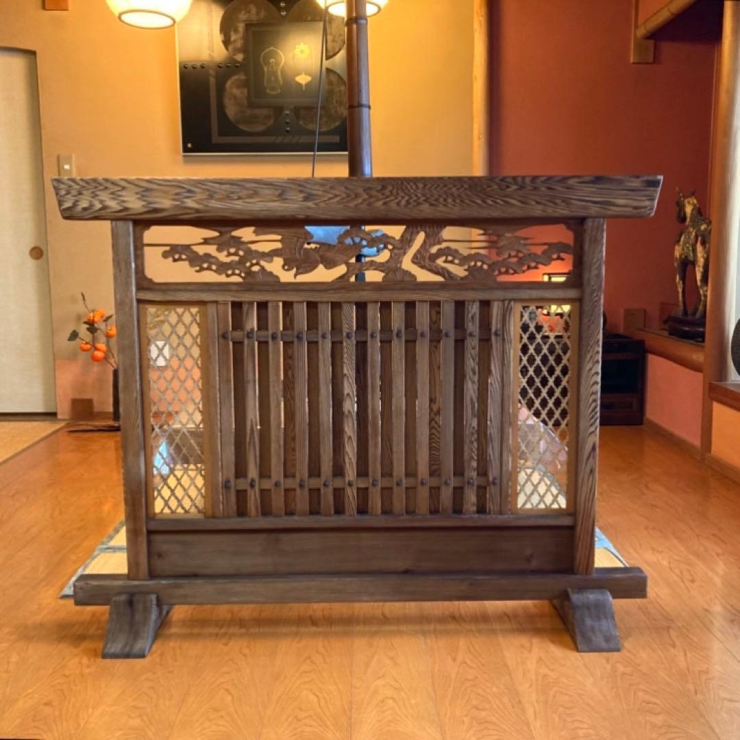 衝立 仕切り パーテーション 木製 彫刻 透かし彫 格子 松 和風 大型 レトロ