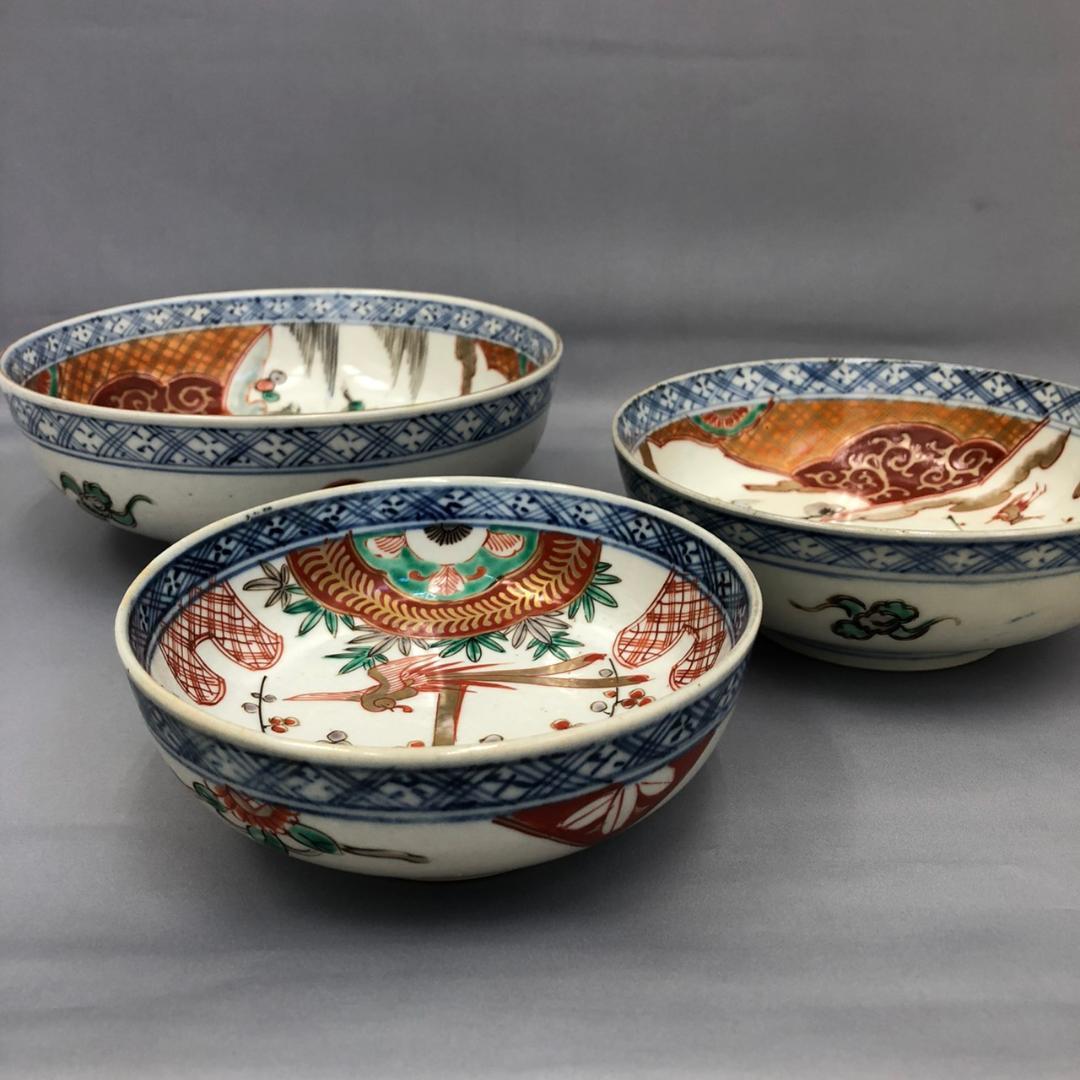 古伊万里　染錦　三つ鉢　松竹梅、鳳凰