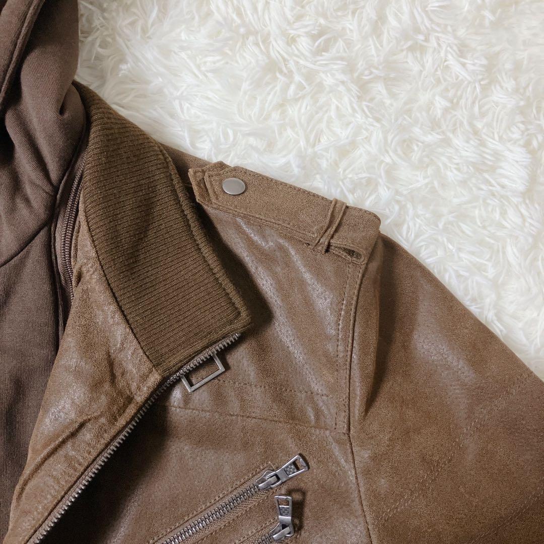 【希少】FLAVOR☆フード付 レザー ボマージャケット ライダース 茶色 XL