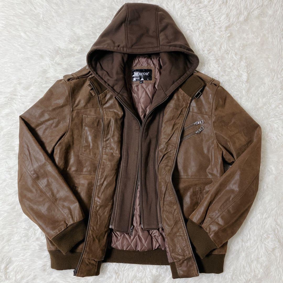 【希少】FLAVOR☆フード付 レザー ボマージャケット ライダース 茶色 XL