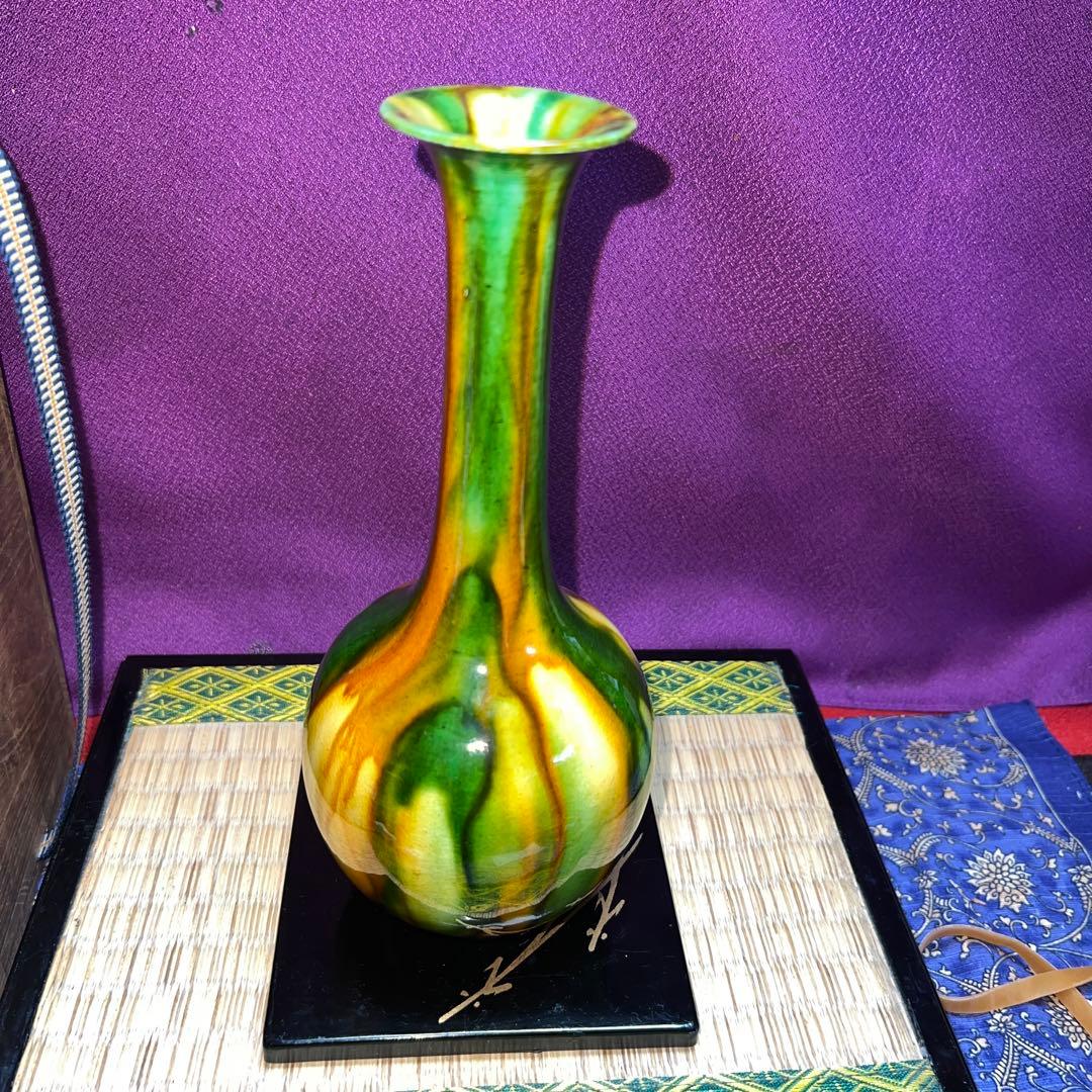 六代清水六兵衛　三彩流氵幼鶴首花瓶