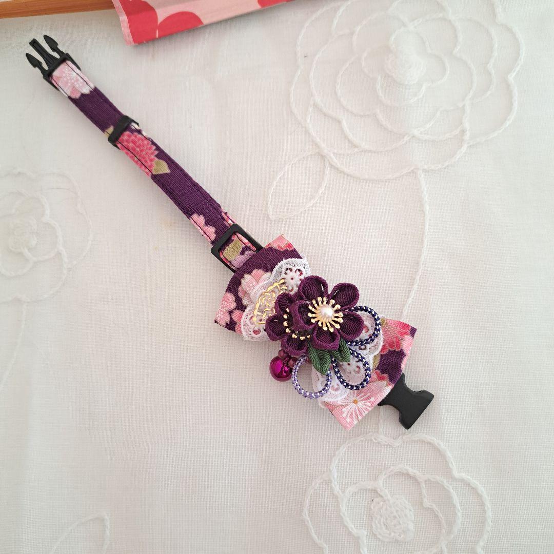 お正月、つまみ細工シングルリボン(紫)わんちゃん猫ちゃん用首輪