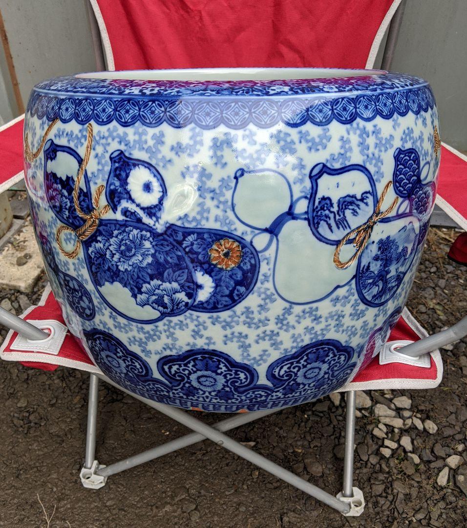 染め付け火鉢　瓢箪柄　鉢カバー　他用途鉢　伊万里　最大径47cm　レトロ【美品】