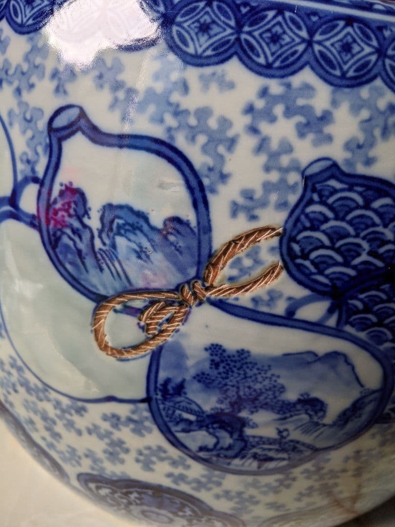 染め付け火鉢　瓢箪柄　鉢カバー　他用途鉢　伊万里　最大径47cm　レトロ【美品】