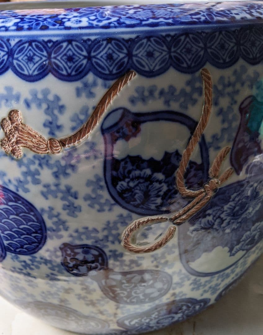 染め付け火鉢　瓢箪柄　鉢カバー　他用途鉢　伊万里　最大径47cm　レトロ【美品】