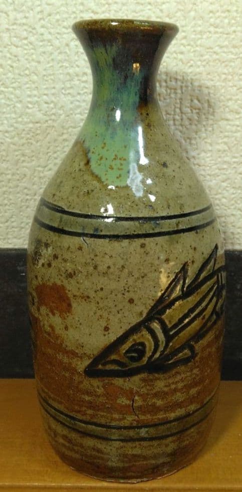 人間国宝 金城次郎 魚徳利 栞 共箱 無傷 壷屋焼 壺屋焼 やちむん 魚紋徳利