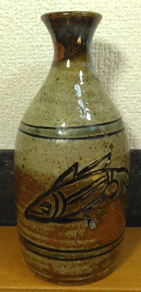 人間国宝 金城次郎 魚徳利 栞 共箱 無傷 壷屋焼 壺屋焼 やちむん 魚紋徳利