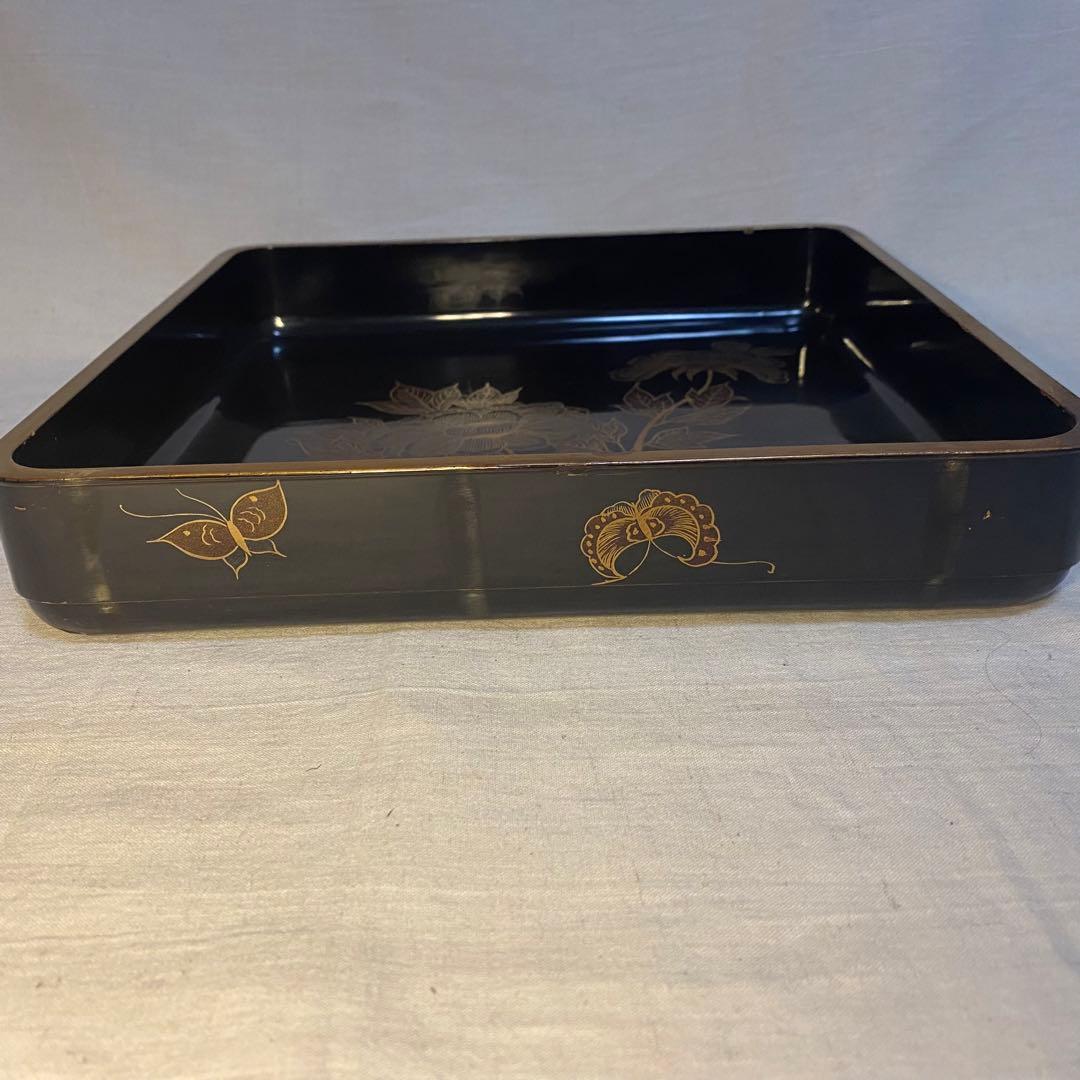 輪島塗　角盆　蒔絵　金彩　牡丹文　蝶文　2客