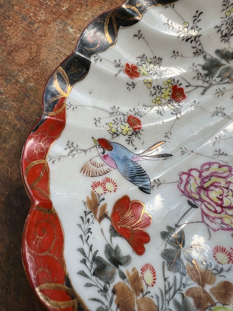 古伊万里　アンティーク　骨董　赤絵貝型菓子器　輸出用　花鳥の図　飾皿