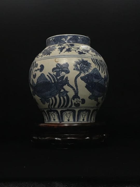 シノワズリ　ビンテージ　染付　鱼藻紋飾り大壷　花瓶　甕