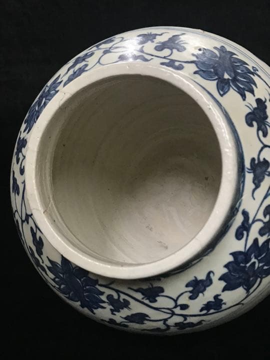 シノワズリ　ビンテージ　染付　鱼藻紋飾り大壷　花瓶　甕