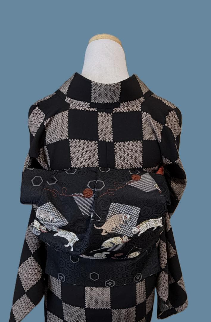 専用:着物５　嵐山よしむら　市松柄袷着物　こげ茶　正絹　身丈１６８裄丈６８