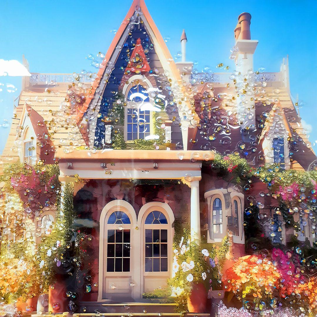 輸入雑貨　天然水晶石　『ヨーロッパ郊外・山奥の家』　クリスタルアート　ゴールド縁