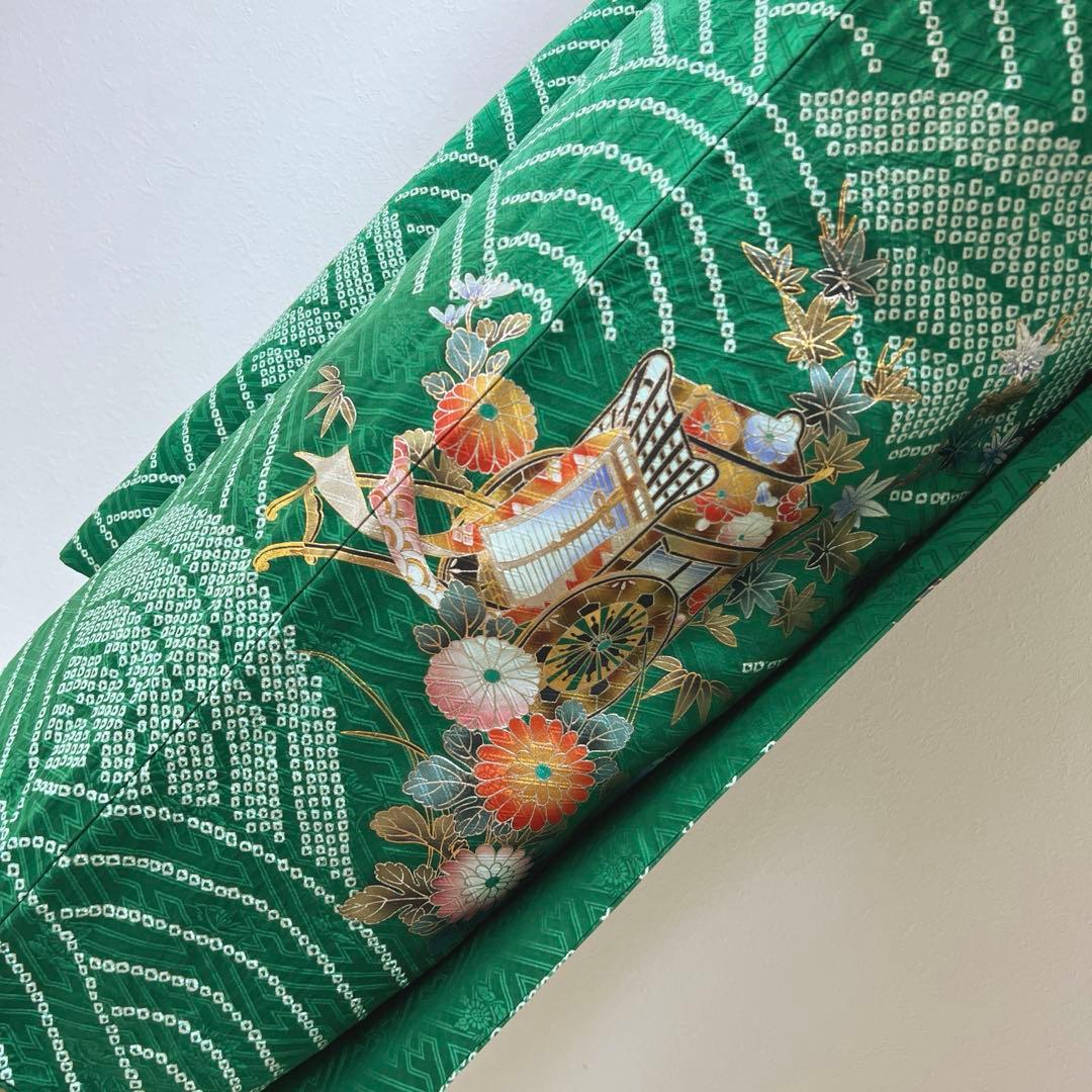 369 振袖フルセット 正絹 緑 橙 グリーン 絞り 金銀彩 古典 レトロ 長身