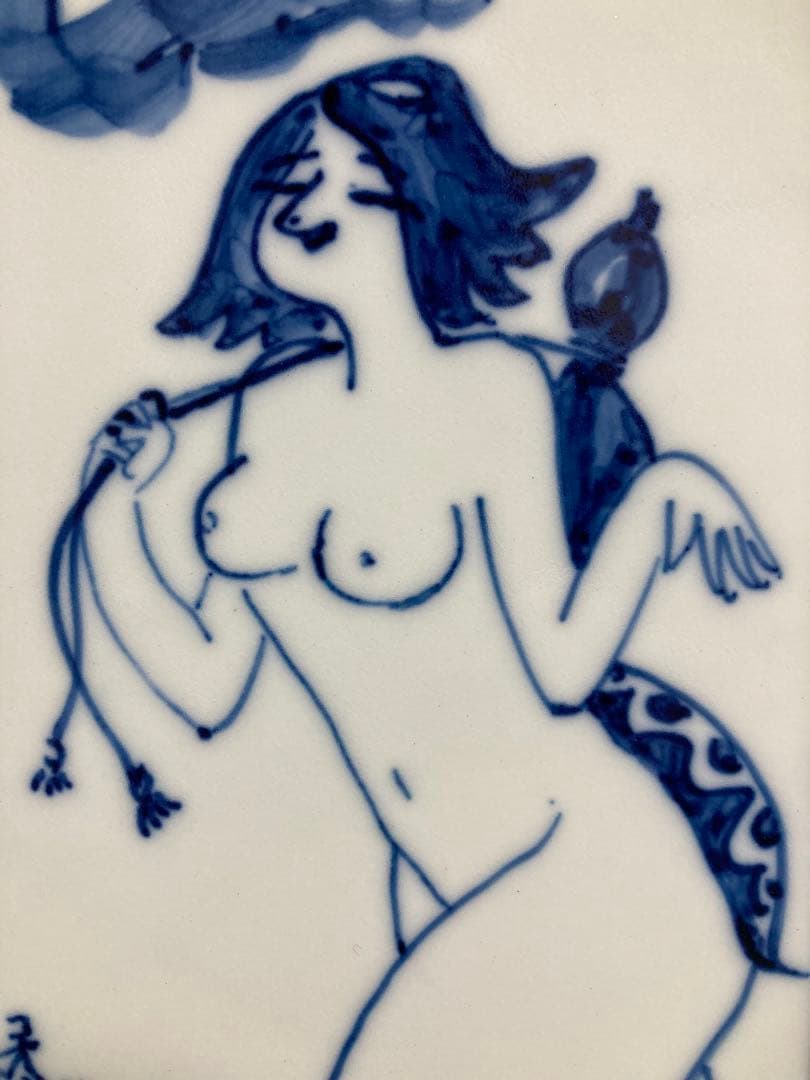 【真作保証】小島功「カッパ美人」染付陶板画 直筆サイン 真筆 裸婦