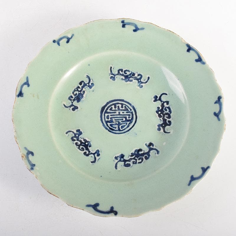 中国　成化年製　新渡　青磁　染付　輪花盤　皿　V　R8785