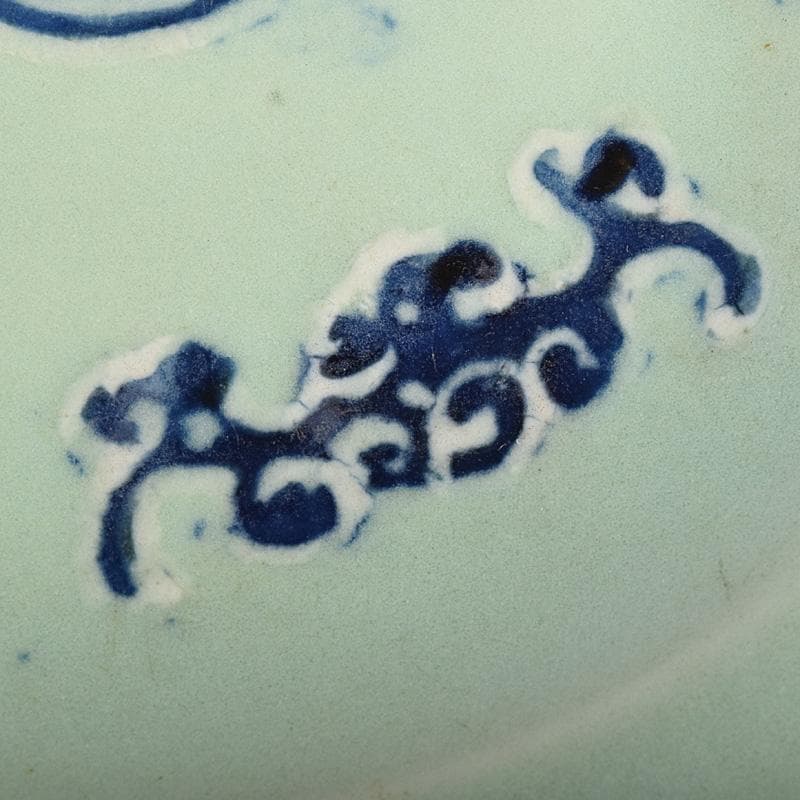 中国　成化年製　新渡　青磁　染付　輪花盤　皿　V　R8785