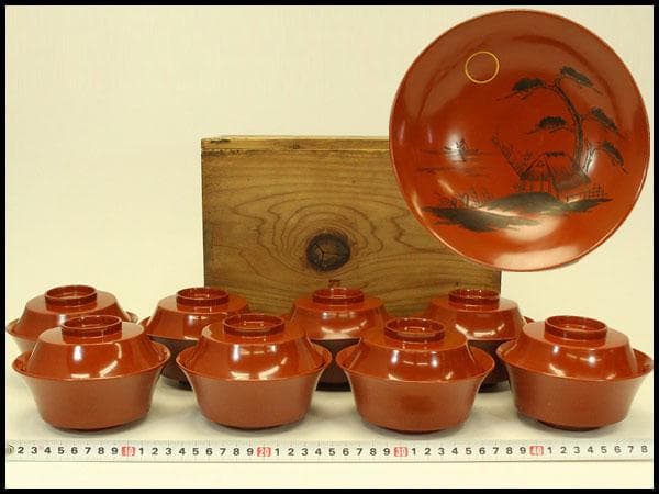 輪島塗 朱漆 沈金黒 風景蓋 八客(ZE460)