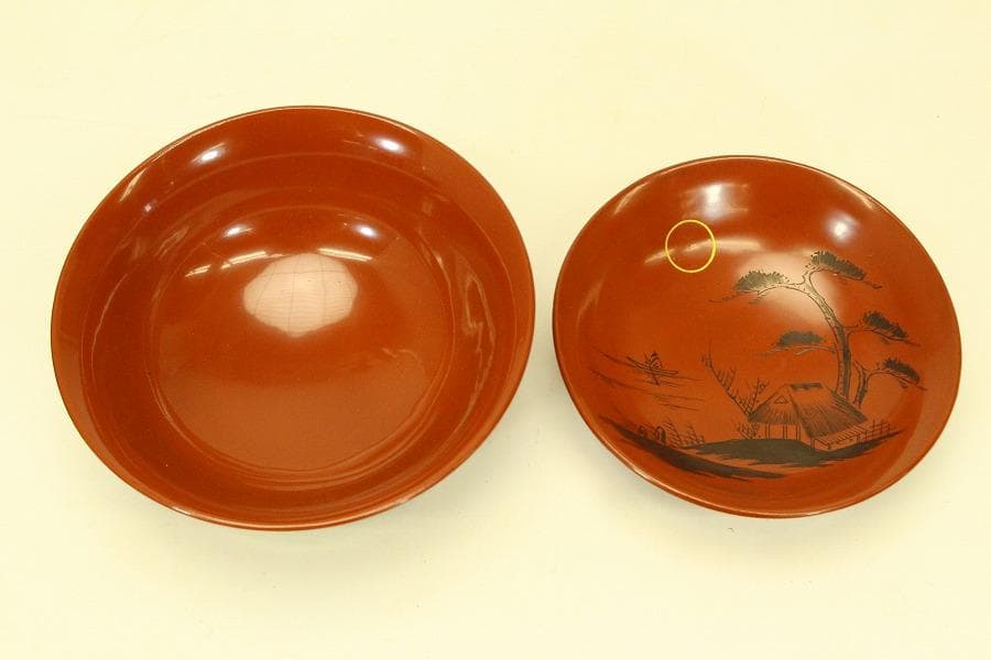 輪島塗 朱漆 沈金黒 風景蓋 八客(ZE460)