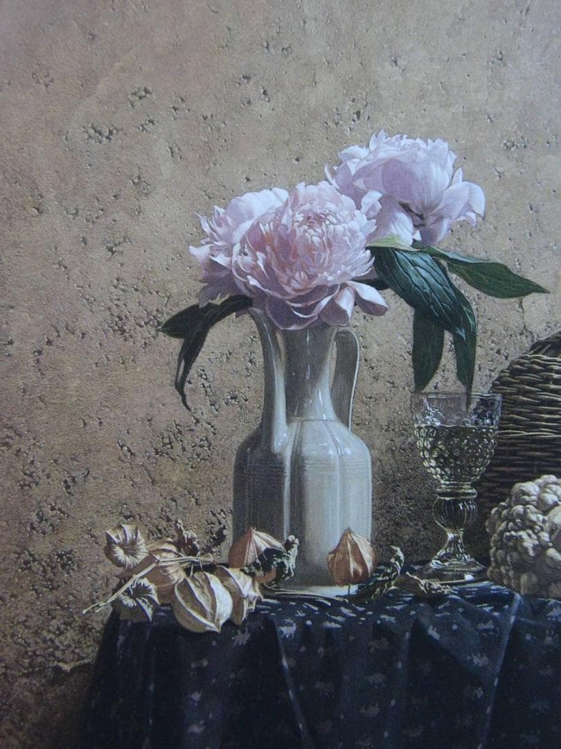 青木敏郎、【青白磁の芍薬】、希少な額装用画集より、新品額装付