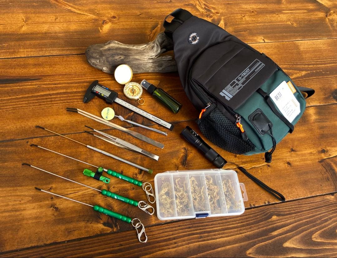 クワガタ採集セット　オリジナル掻き出し棒　デジタルノギス　懐中電灯　採集ケース