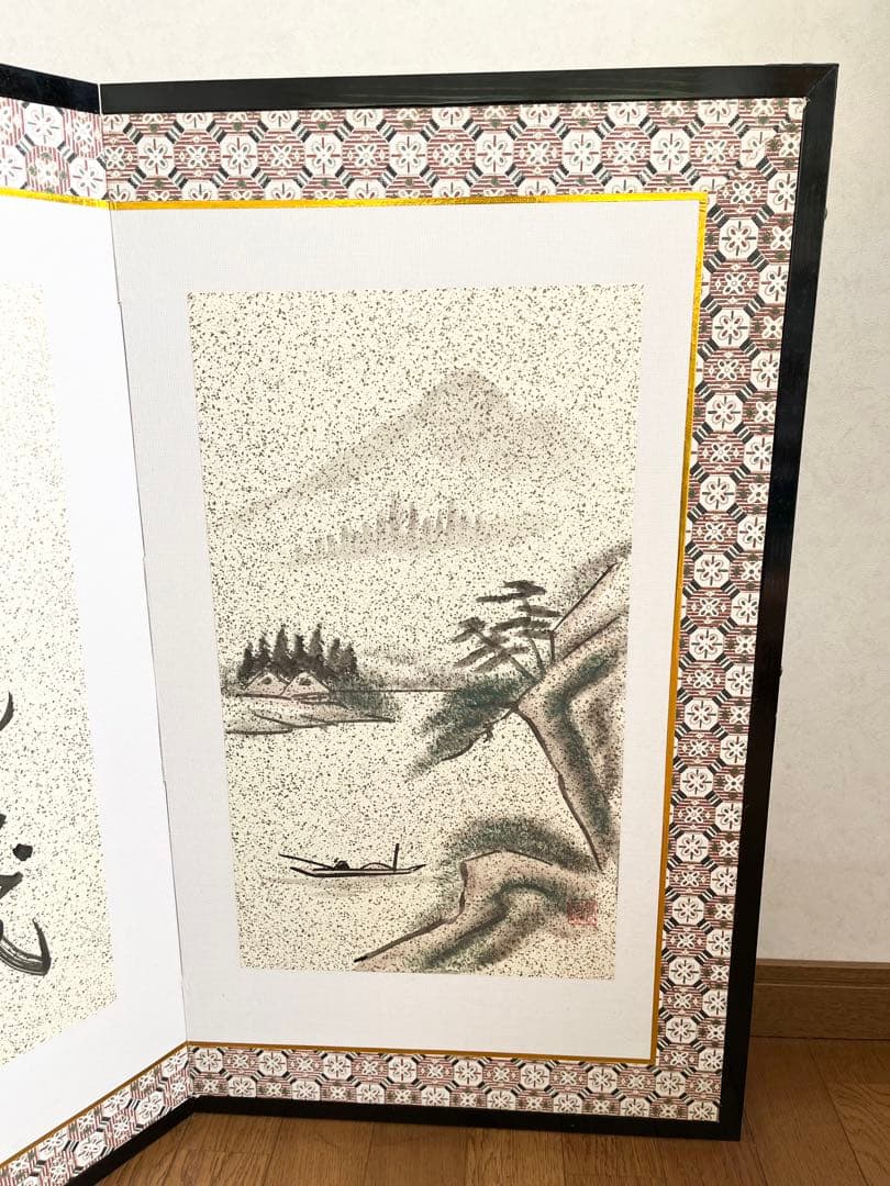 屏風 書 水墨山水 四曲 四面 アンティーク