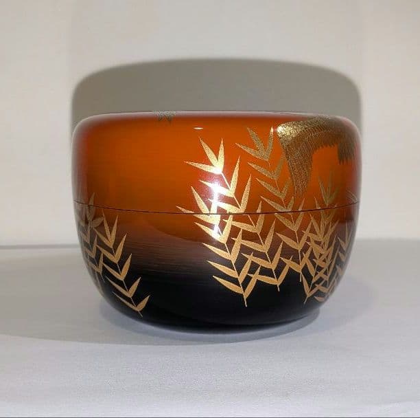 『和歌浦蒔絵』平棗　清水庄三 鶴模様 茶道具 永田宗伴書付的々斉　朱塗り内銀溜塗