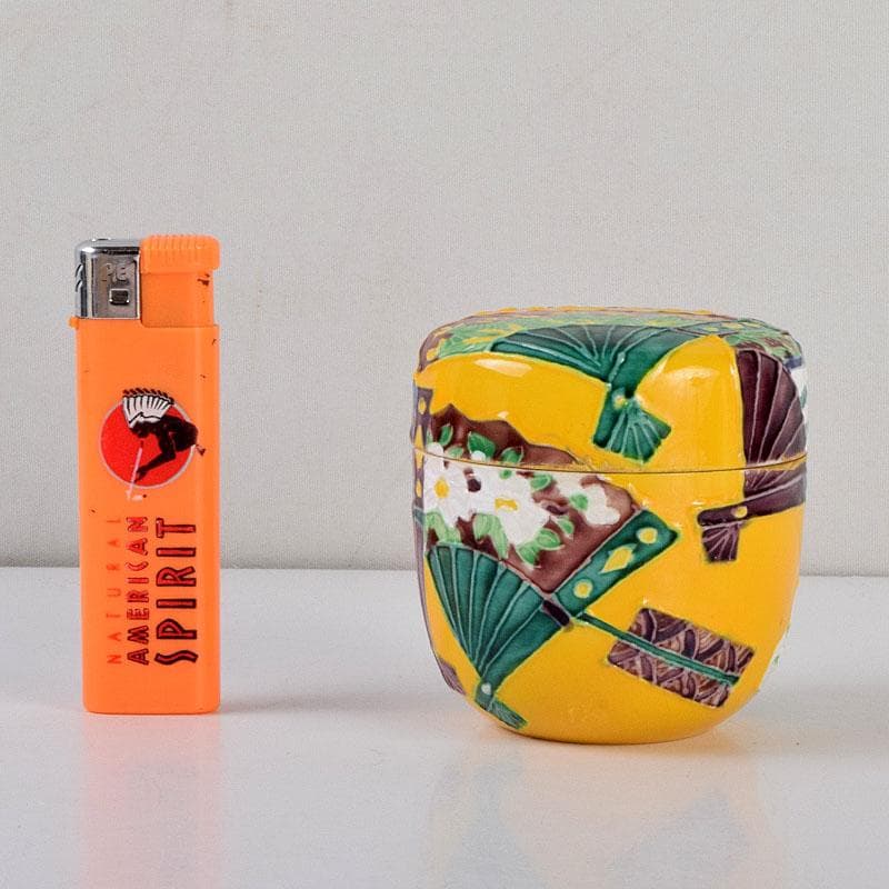 茶道具　平安　高野昭阿弥作　黄交趾　扇面の図　陶棗　共布共箱　V　8645