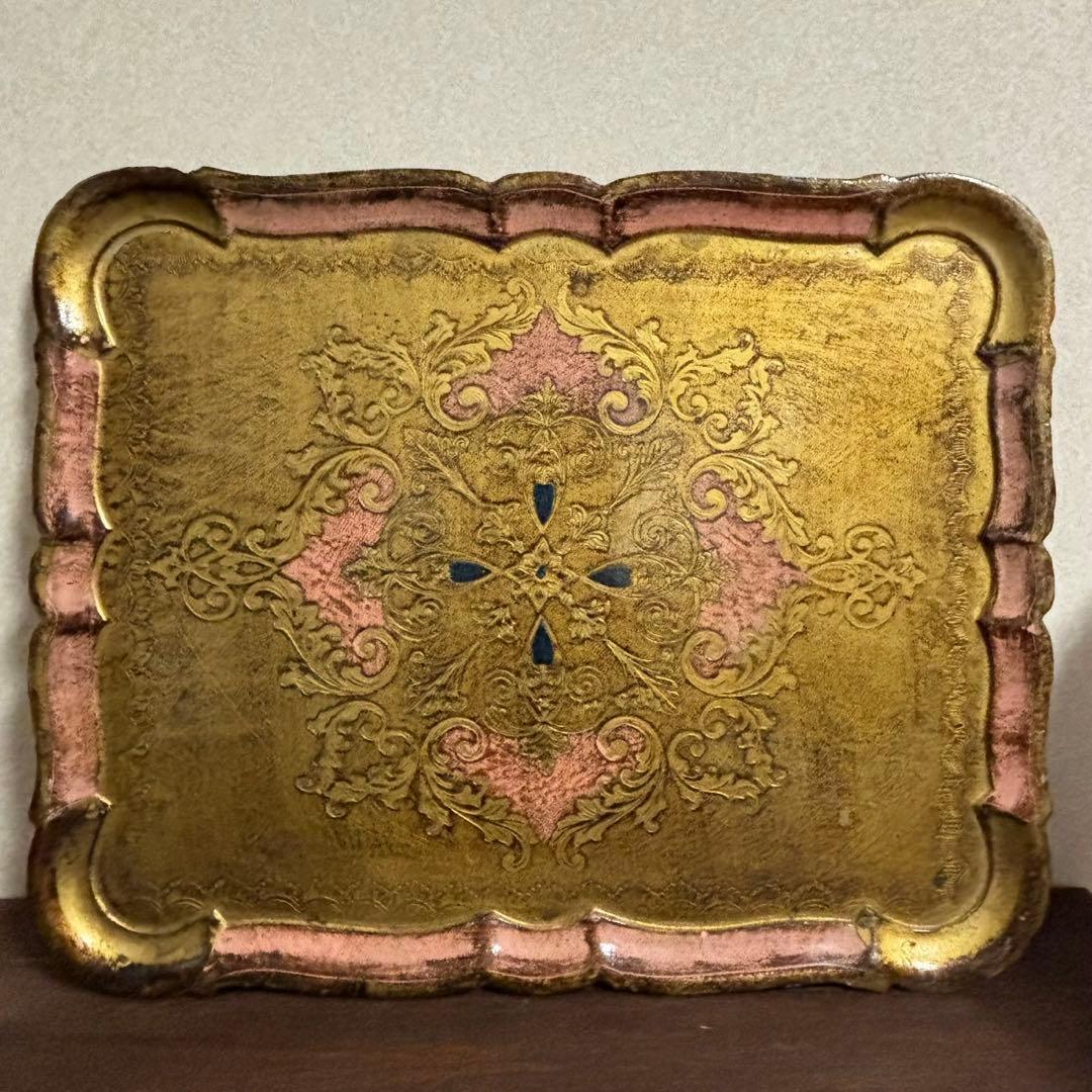 【特大サイズ】イタリア製 ヴィンテージ 木製 トレイ インテリア デスク ピンク