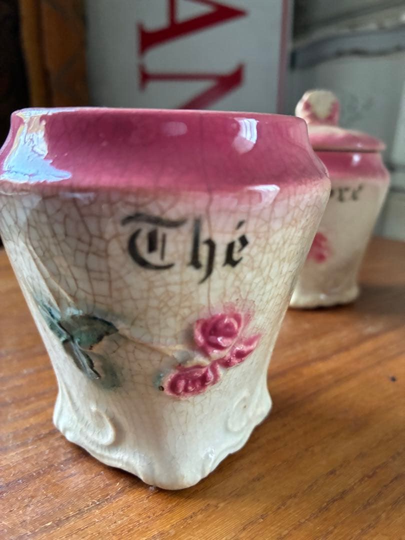 フランス　アンティーク　陶器　キャニスター　バルボティーヌ　ローズ　ピンクCレア