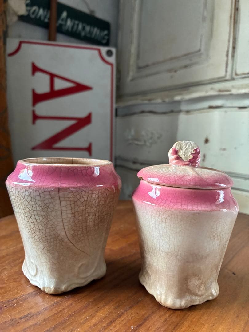 フランス　アンティーク　陶器　キャニスター　バルボティーヌ　ローズ　ピンクCレア