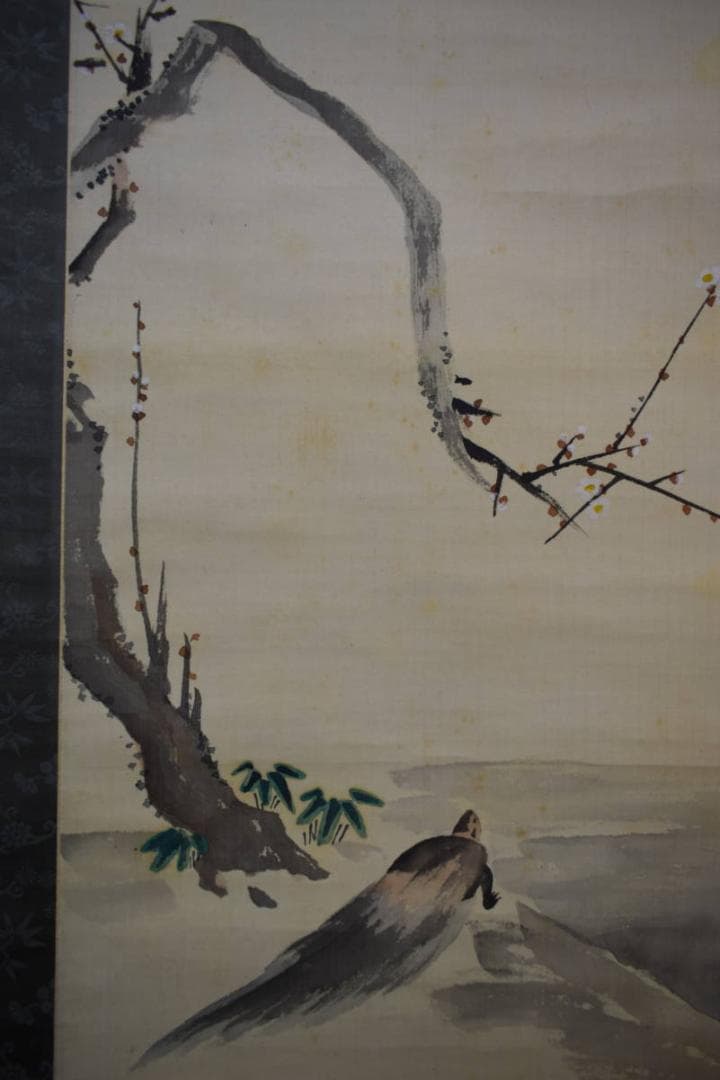 真作/田能村直入/鶴亀画賛/絹表装/田能村小篁の桐極箱付/布袋屋掛軸HG-244