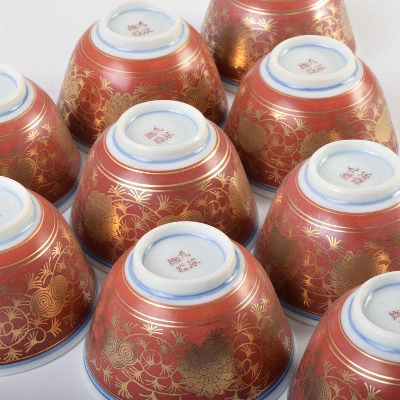 九谷焼　九谷陶源製　金襴手　花草文　煎茶碗　十客　共箱　C　9026